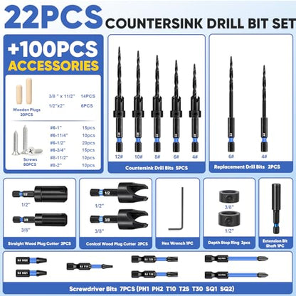 22PCS Countersink Drill Bit Set for Wood with 100PCS Accessories - size: 22 PCS