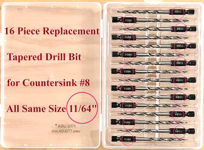 FTG USA 16pc #8(11/64") Replacement Tapered Countersink Drill Bit Hex Shank - size: #8, style: 16 Piece Same Size