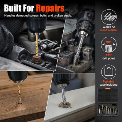QWORK 14-Piece Damaged Screw Extractor Set with Left-Hand HSS Drill Bits - Removing Broken Bolts Kit for Men - Gift-Ready with Storage Box
