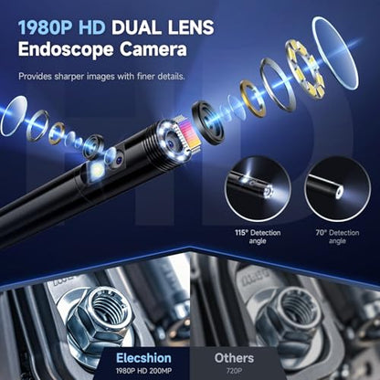 Endoscope Camera with Light, Dual-Lens 1920P HD Borescope with 8+1 Adjustable LED Lights, IP67 Waterproof Inspection Camera 16.5FT Semi-Rigid Snake Camera for iOS & Android (2 Interface) - size: 2 Interface