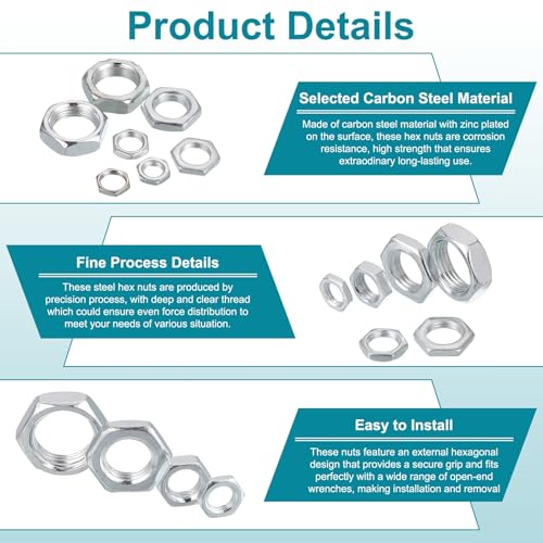 PATIKIL M10x1x5mm Steel Hex Nuts, 25Pcs Metric Fine Thread Carbon Steel Zinc Plated Finished Hardware Screw Nuts Fasteners for Machinery Manufacturing, Industrial Use, 14mm Width - size: M10x1x5mm