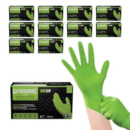 GLOVEWORKS Green Nitrile Gloves 8 Mil Heavy Duty Texture Large, 1000 - size: Large, style: 10 Boxes of 100