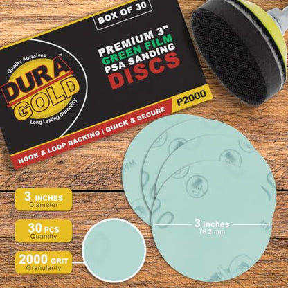 Dura-Gold Premium 3" Gold Hook & Loop Sanding Discs - 2000 Grit (Box of 30) - size: 2000-Grit
