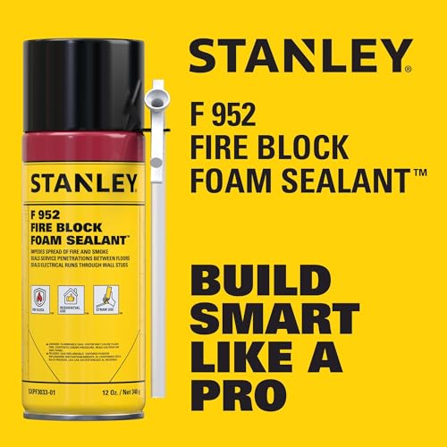 Stanley F952 Fire Block Spray Foam – (12x12oz) Fire Rated Expanding Polyurethane Foam Sealant for Gap Filling & Sealing on Doors, Windows, Walls, Pipes & Joints – Indoor/Outdoor Straw Use | 12 Pack - size: 12 Pack