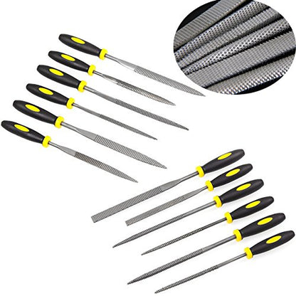 Wood Rasp File Kit - 12 Assorted Small Metal Needle Files Set with Bristle Brush and Hand Strap Carrying Case (Rasps included 2 Sizes of Flat, Pointed Flat, Round, Half Round, Square, Triangle)