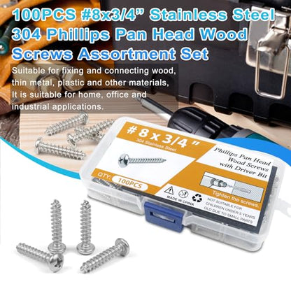 100PCS #8 x 3/4" Wood Screws, Pan Head Stainless Steel Sheet Metal Screws, Fast Self Tapping Screws for Deck Drywall Concrete Screws with Screwdriver Bit - style: Silver #8X3/4" Pan Head 100PCS