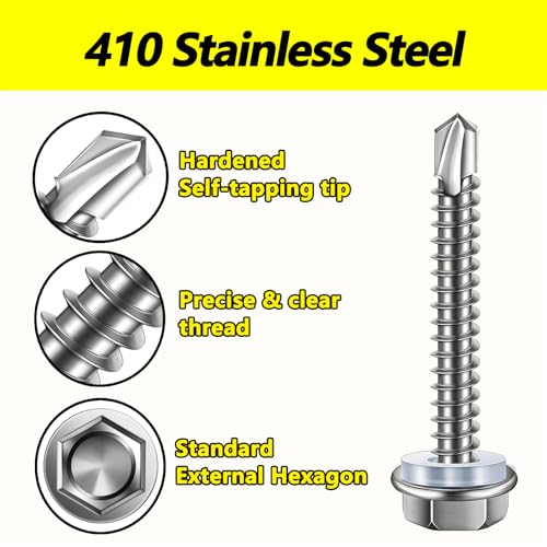 #8 x 2 Self Tapping Screws, 410 Stainless Steel Hex Washer Head (65pcs) - size: #8x2''-65Pcs