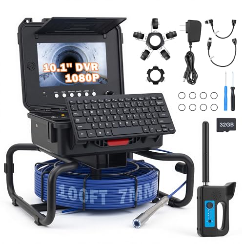 ZELCAN 10.1" Self-Leveling Sewer Camera with 512Hz Locator, Sewer Inspection Camera with 100 ft. Cable & Digital Length Counter, Rechargeable Drain Pipe Camera with Keyboard & 12 LED Lights - size: Updated 10.1 in. / 100FT