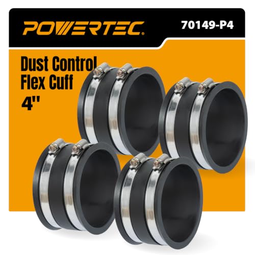 POWERTEC 70149-P4 4 Inch Dust Control Flex Cuff with Steel Hose Clamps, Hose Connector Rubber Cuff Coupler for Woodworking Dust Collection Fittings, Dust Collector Accessories & Machinery, 4 pack - size: 4", 4PK