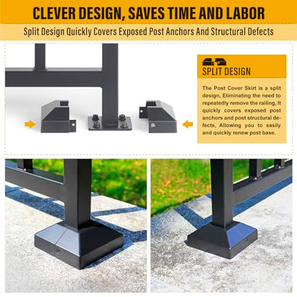 Aluminum Deck Railing Post Base Cover, Split Type, 1.25" x 1.25", 8 Pack, Black - size: Post-1.25'' Base-3.5''