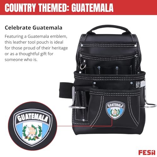 FESA Leather Carpenter Tool Pouch - 10-Pocket Heavy Top Grain Leather Carpenter Pouch with 2 Hammer Loops, Large & Small Pockets - Fits Work Belts up to 3" - Handcrafted - Country-Themed - color: Black - Guatemala