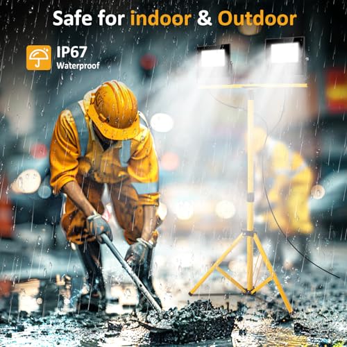 24000 Lumen LED Work Lights with Stand, Floodlight Work Light 2 Adjustable Head Work Light with 16FT IP67 Waterproof Tripod Work Light Stand for Construction Lighting - style: 24000LM with stand
