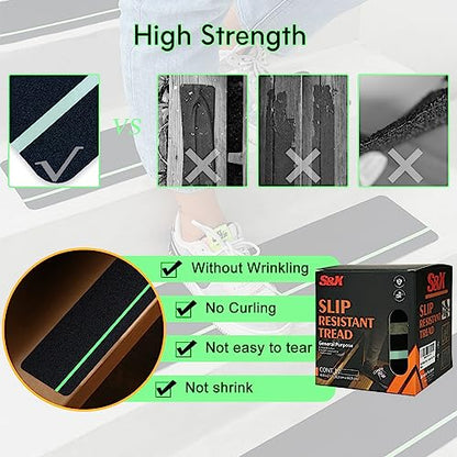 S&X Outdoor Stair Treads Non-Slip Glow-in-the-Dark Tape, 4x24in 12-Pack - color: Glow-in-the-Dark/Black, size: 4" x 24"