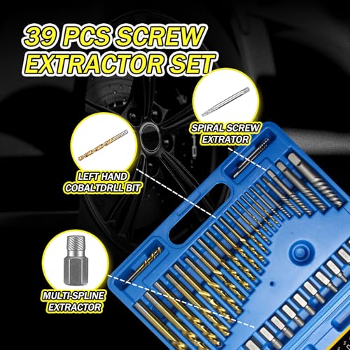 39 Pcs Screw Extractor and Left Hand Drill Bits Set, Easy Out Screw Extractor Set with Reverse Drill Bits, Multi-Spline Extractors for Removing Broken Bolts and Stripped Screws - size: 39 PCS SES