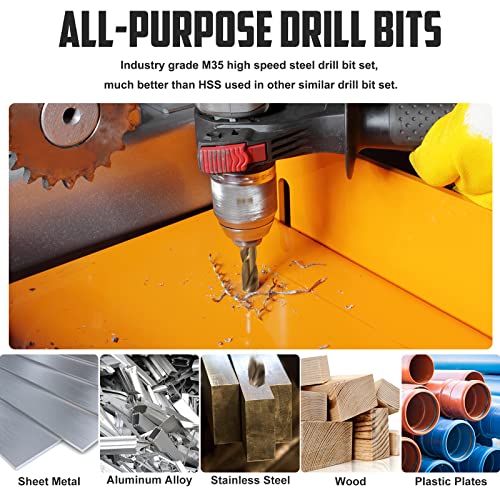 COMOWARE 115Pcs M35 Cobalt Drill Bit Set - 5% Cobalt HSS Metal Bits for Hardened Steel/Stainless/Cast Iron/Wood/Plastic, Titanium Coated 1/16"-1/2" with Metal Indexed Case (Professional Grade)