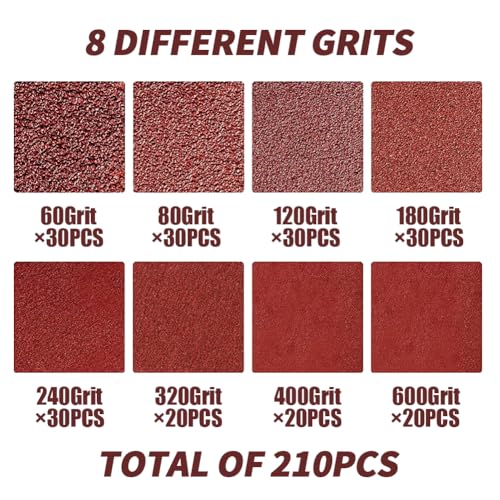 210PCS Sanding Discs 5 Inch 8 Hole, Orbital Sander Sandpaper, 5 Sanding Disc Hook and Loop Include 60/80/120/180/240/320/400/600 Assorted Grits Sandpaper, for Random Orbital Sander - style: 210Pcs Red Sandpaper for 'Project'