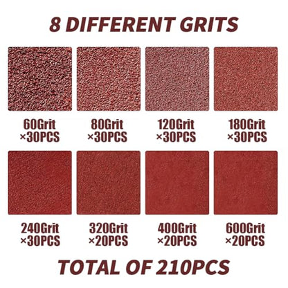 210PCS Sanding Discs 5 Inch 8 Hole, Orbital Sander Sandpaper, 5 Sanding Disc Hook and Loop Include 60/80/120/180/240/320/400/600 Assorted Grits Sandpaper, for Random Orbital Sander - style: 210Pcs Red Sandpaper for 'Project'
