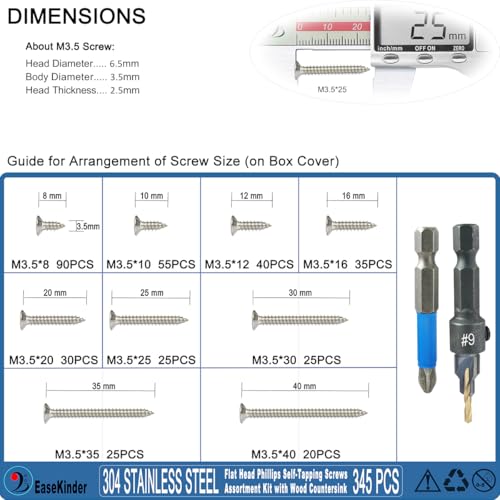 345PCS Wood Screws Assortment Kit, #6 Self Tapping Screw Set (9 Sizes) - size: SS304 M3.5