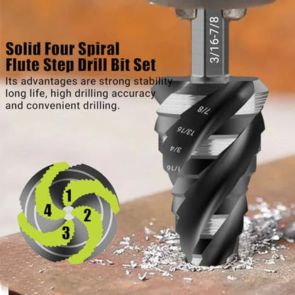 5 Pcs Four Spiral Flute Step Drill Bit Set, 6 Pcs Countersink Drill Bits - size: HSS 11 Pieces (5 Step + 6 Countersink)