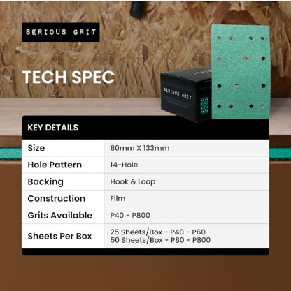 Serious Grit - 3" x 5" (80x133mm) 14-Hole P150 Grit Sandpaper - 50 Pack Box - style: 150 Grit