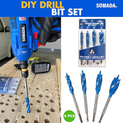 SOMADA Auger Drill Bit Set for Wood, 4-Piece, Hex Shank Quick Change - size: 4 PCS SET