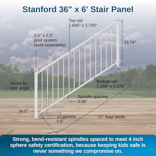 Weatherables 36 in. H x 6 ft. W Stanford Stair Railing Kit – Aluminum Porch & Deck Railing Kit with White Powder-Coated Finish, Adjustable Outdoor Hand Rail Kit - size: 36 in. Height, style: 6 ft. Stair