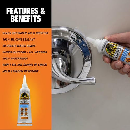 Gorilla 100% Silicone Caulk, Waterproof Sealant, 2.8oz Squeeze Tube, Clear - color: Clear, size: 1 - Pack