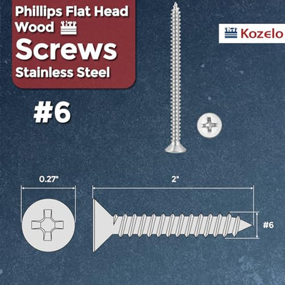 25pcs Phillips Flat Wood Screws #6x2 316 Stainless Steel Silver - size: #6x2"