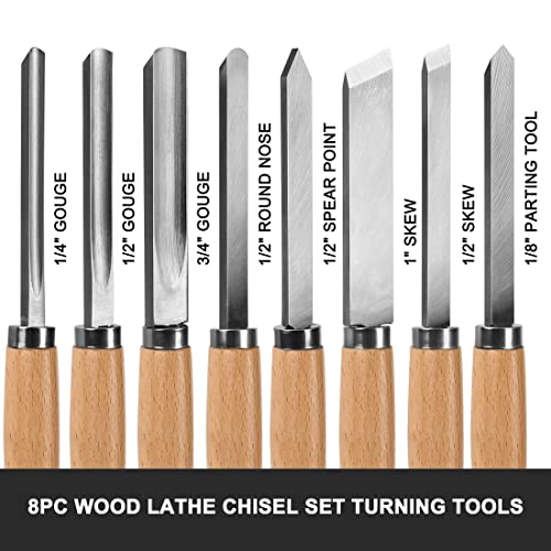 HAUTMEC Professional Wood Turning Chisel 8 pcs Set, Lathe Chisel Set with 2 Skew 1 Spear Point 1 Parting 1 Round Nose & 3 Gouge Tools for Beginners, Hobbyists and Professionals HT0237-WW - style: Crv Blade | Beech Handle
