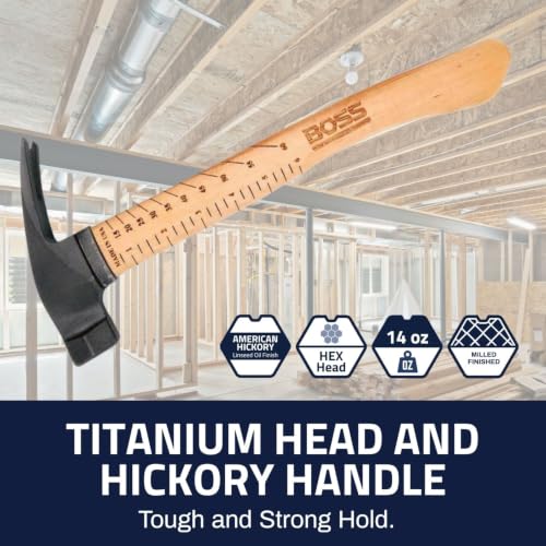 Boss Hammer 14 oz Ti64 Titanium Hammer, Tennessee Hickory Handle - size: 14 oz., style: Milled Face