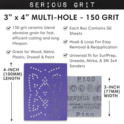 Serious Grit - 3x4 P150 Grit Ceramic Multi-Hole Sanding Sheets - 50 Pack - style: 150 Grit