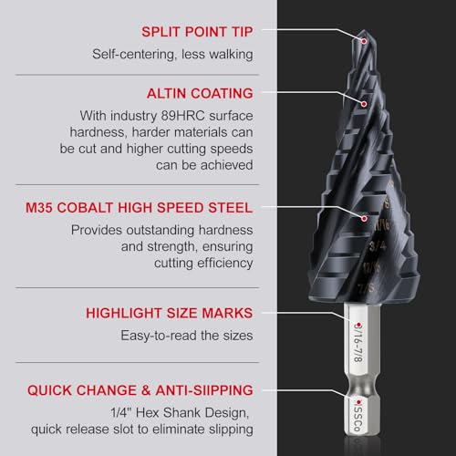 M35 Four Spiral Flute Cobalt Step Drill Bit, 3/16" - 7/8"(12 Step Size) Impact Ready Unibit Step Drill Bit, 1/4" Hex Shank Step Bit for Metal, Stainless Steel, Aluminum, Plastic - style: 1PC M35 Step Drill Bit