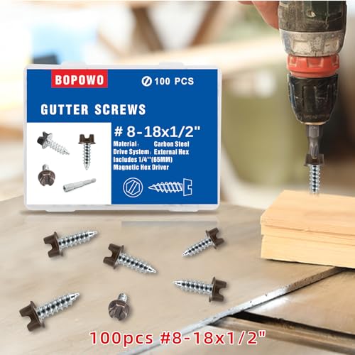 100 Pcs #8X 1/2" Self-Tapping Gutter Screws Brown Painted Slotted Hex Washer Head #8X 1/2 Zinc Plated Finish, Includes 1/4" Magnetic Hex Driver – for Gutter Install - size: Brown 8-18*1/2（100pcs)