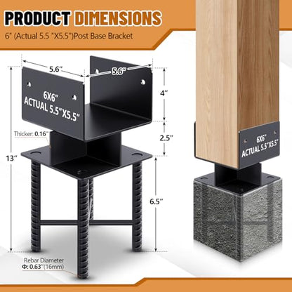 Zonon 2 Pack 6" x 6" (Actual 5.5" x 5.5") Concrete U Shape Heavy Duty Fence Post Base Anchor Bracket Metal Wood Wet Concrete Post Base Holder for Deck Railings, Fences, Gazebos Foundation Support
