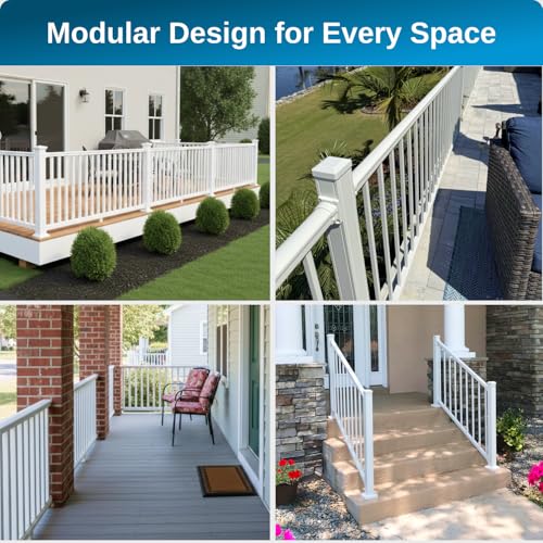 Weatherables 42 in. H x 8 ft. W Stanford Deck Railing Kit – Aluminum Porch & Balcony Railing Kit with White Powder-Coated Finish, Adjustable Outdoor Hand Rail System - size: 42 in. Height, style: 8 ft. Straight