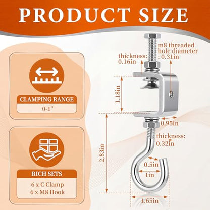 Moxweyeni 6 Pack C Clamp with J Hook, 1 Inch Heavy Duty Beam Clamp Hanger