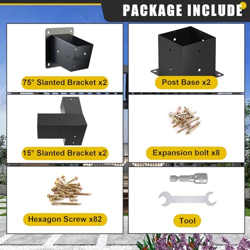 4x4 Woodworks Pergola Brackets Kit, 15°Slanted Roof Pergola Bracket 2PC 15° 3-Way+2PC 15° Post+2PC Post - size: 2PC 15° 3-Way+2PC 15° Post+2PC Post