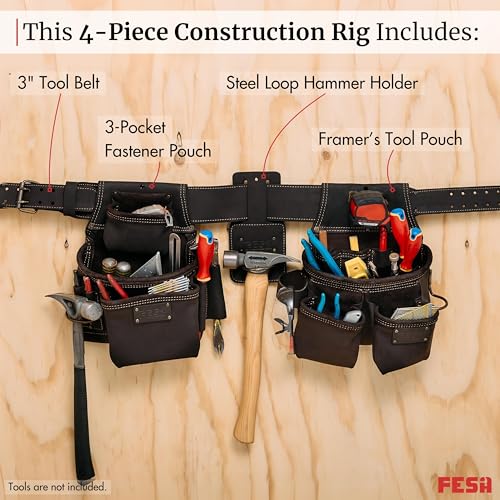 FESA 3 Inch Leather Tool Belt for Men with Hammer Holder Adjustable 34"-44" - color: Brown