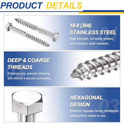 10 Pcs Hex Head Lag Screws 3/8" x1-1/2 Silver - color: Silver, size: 3/8"x1-1/2"