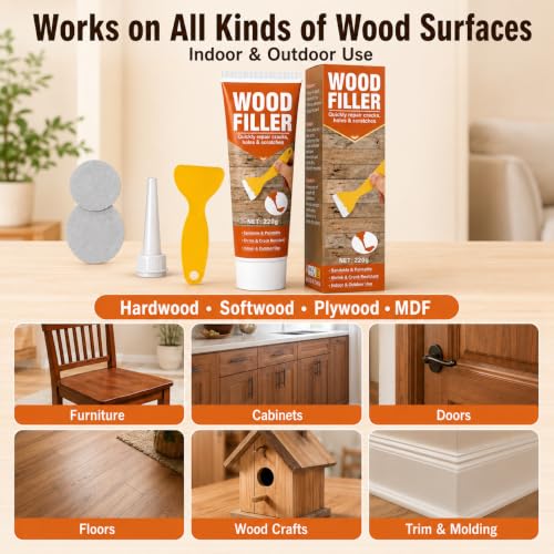 Wood Filler, 7.76 oz Paintable Wood Putty, Stainable, Shrink & Crack Resistant, Quick Repair for Cracks, Holes and Scratches on Wooden Furniture, Cabinets, Doors, Floors- Indoor & Outdoor(White)