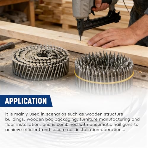 waltyotur 3600 Count Stainless Steel Coil Roofing Ring Shank Siding Nails 15-Degree Collated Wire Coil 2-1/2 Inch, 0.09 Inch Ring Shank, Small Cap Coil Stud Siding Nails - size: 2-1/2 Inch x 0.09 Inch