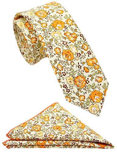 Cotton 2.5-Inch Skinny Floral Tie and Pocket Square Set for Men - color: Beige Orange