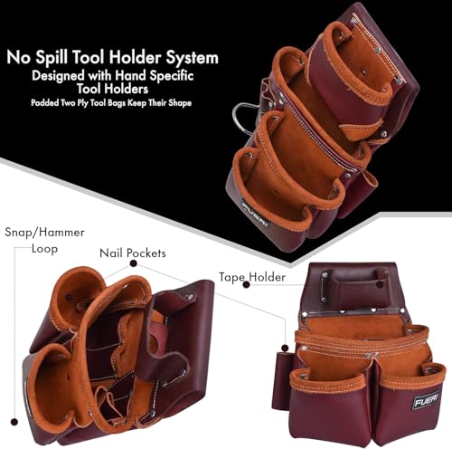 FUERI Leather Tool Belts with Suspender for Men, Heavy-Duty Durable Carpenter Tool Rig Organizer With 19 Pockets-2 Pouches, Padded Suspender, Hammer Holder, D-Loops & Foam-Padded Belt Electricians - color: Maroon Tool Belt With Maroon Suspender