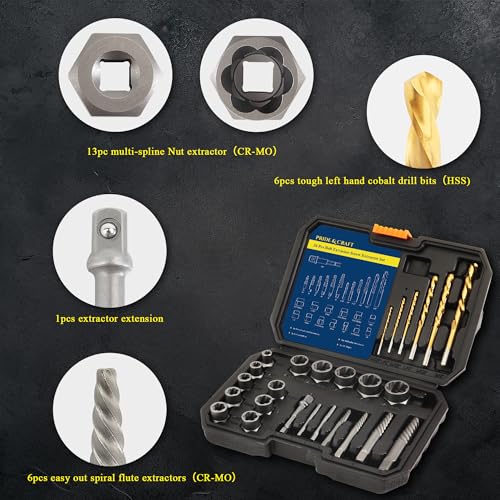 PRIDE&CRAFT 26Pcs Screw Extractor Set, Bolt Extractor Kit with HSS Left Hand Drill Bits, Stripped Screw Extractor, Nut Extractor Set with Hex Adapter for Damaged, Rusted Bolts, Screws, Nuts and Studs - style: 26-piece