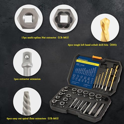 PRIDE&CRAFT 26Pcs Screw Extractor Set, Bolt Extractor Kit with HSS Left Hand Drill Bits, Stripped Screw Extractor, Nut Extractor Set with Hex Adapter for Damaged, Rusted Bolts, Screws, Nuts and Studs - style: 26-piece