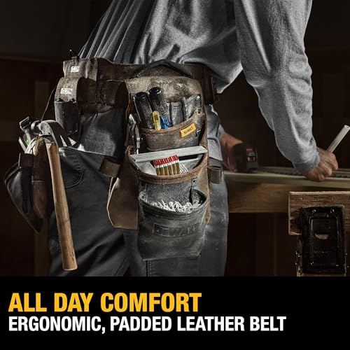 DEWALT Leather Tool Belt Organizer with 18 Pockets, Heavy Duty Construction (DWST550113) - size: One Size, style: Leather Tool Rig