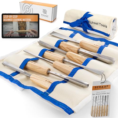 Schaaf Wood Carving Tools 7-pc Wood Chisel Set with Gouges, Cr-V 60 Steel - color: Natural Wood