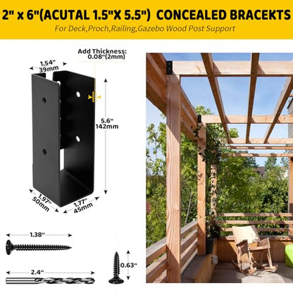 Concealed Joist Hanger Brackets, Woodwork Concealed-Flange Hanger for 2" x 6”(Actual:1.5" x 5.5“) Lumber,U-Shaped Joist Steel Bracket for Wood Fence,Porch,Swing,Handrails(8Pack)