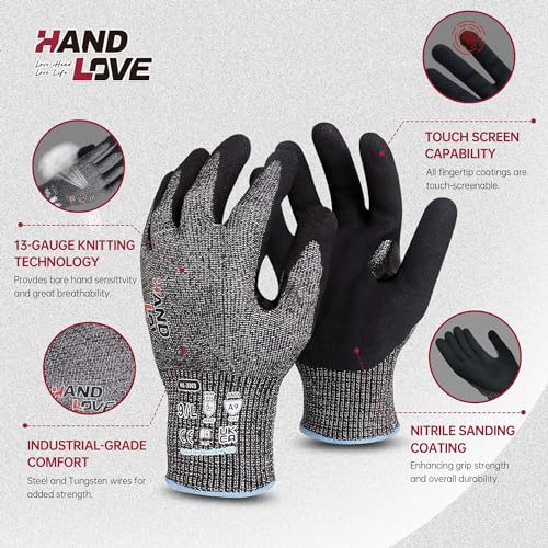 HandLove Cut Resistant Gloves – ANSI A9 Cut Proof Safety Work Gloves | Sandy Nitrile Anti-Slip, Touchscreen, Durable, PFAS Free | Wood Carving, Gardening, Glass Cutting, Car Repair – Yellow, 2Pairs,XL - color: Yellow, size: X-Large