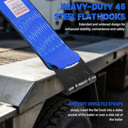 4 Inch Flat Hook Truck Straps Heavy Duty 30 FT - 6000LB Working Load Winch Strap & Tree Saver, 18000LB Break Strength Tie Downs for Flatbed Trailers and Off-Road Recovery (10 Pcs) - color: Blue
